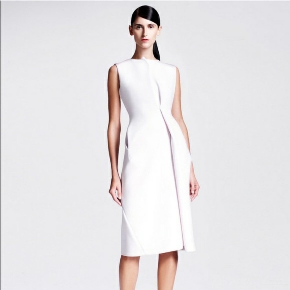 Jil Sander Pleated White Asymmetrical Midi Dress